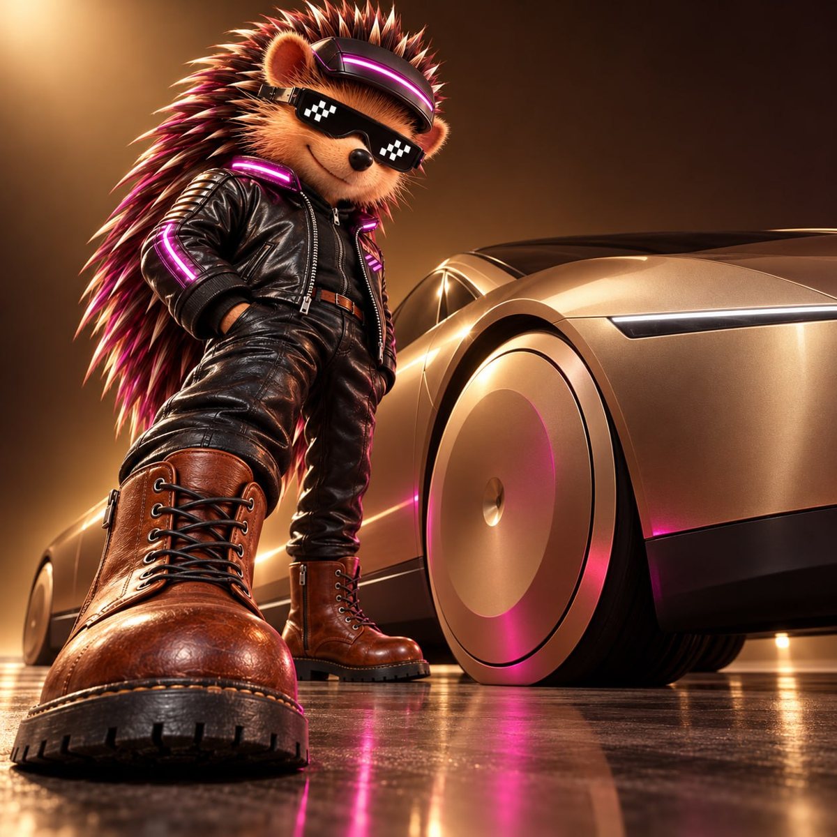 Danger standing beside the gold Cybercab