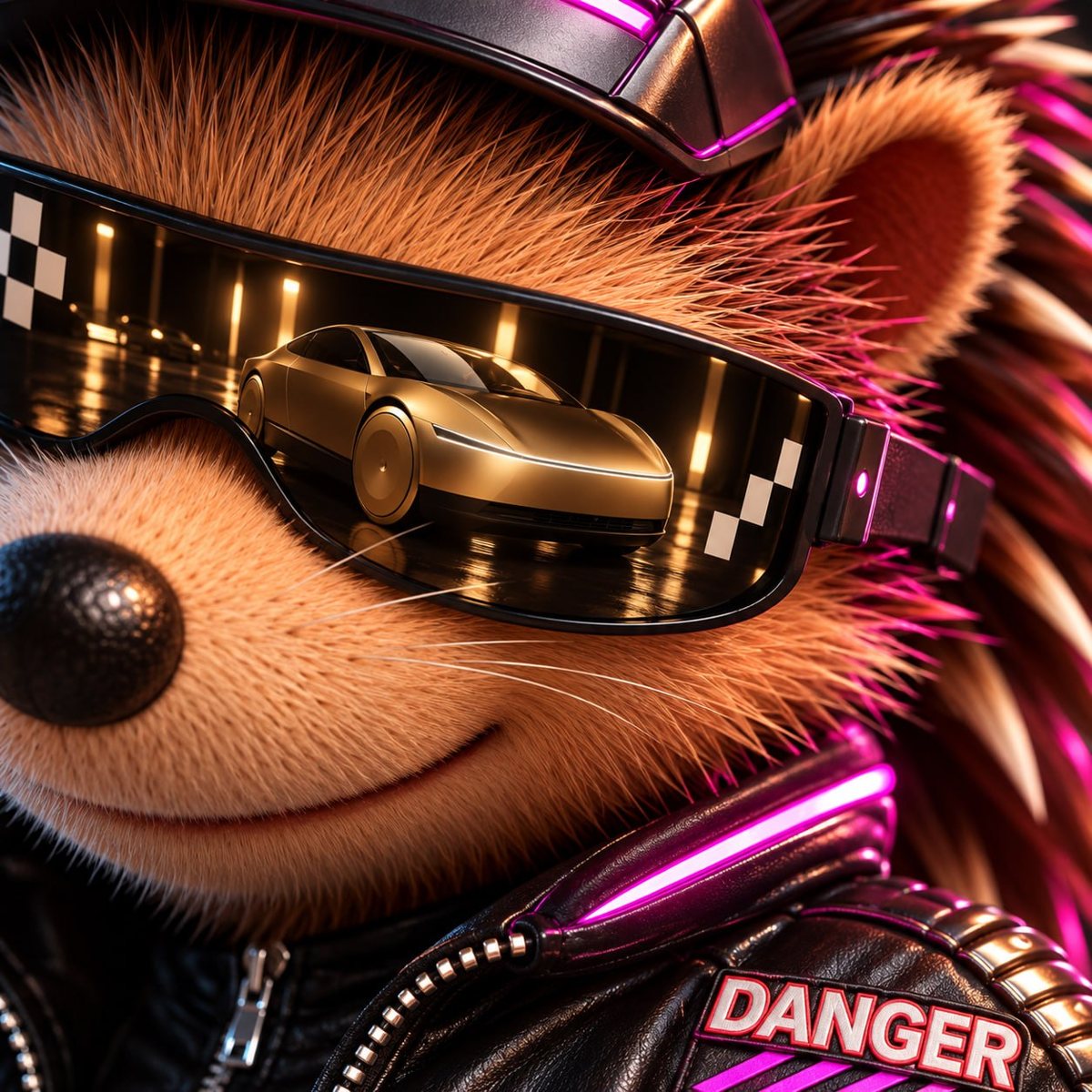 Close-up of Danger, the Cybercab reflected in his visor